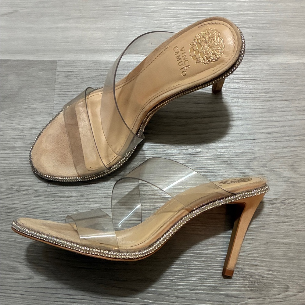 Vince Camuto Clear-Strap Nude Sandal with Rhinestone Trim